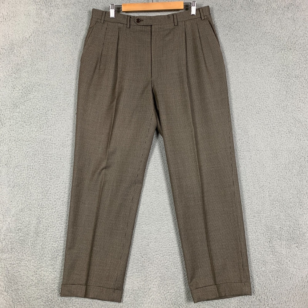 Canali Dress Pants Mens Actual 35x30.5 Tan/Black Houndstooth Wool Pleated Cuffed
